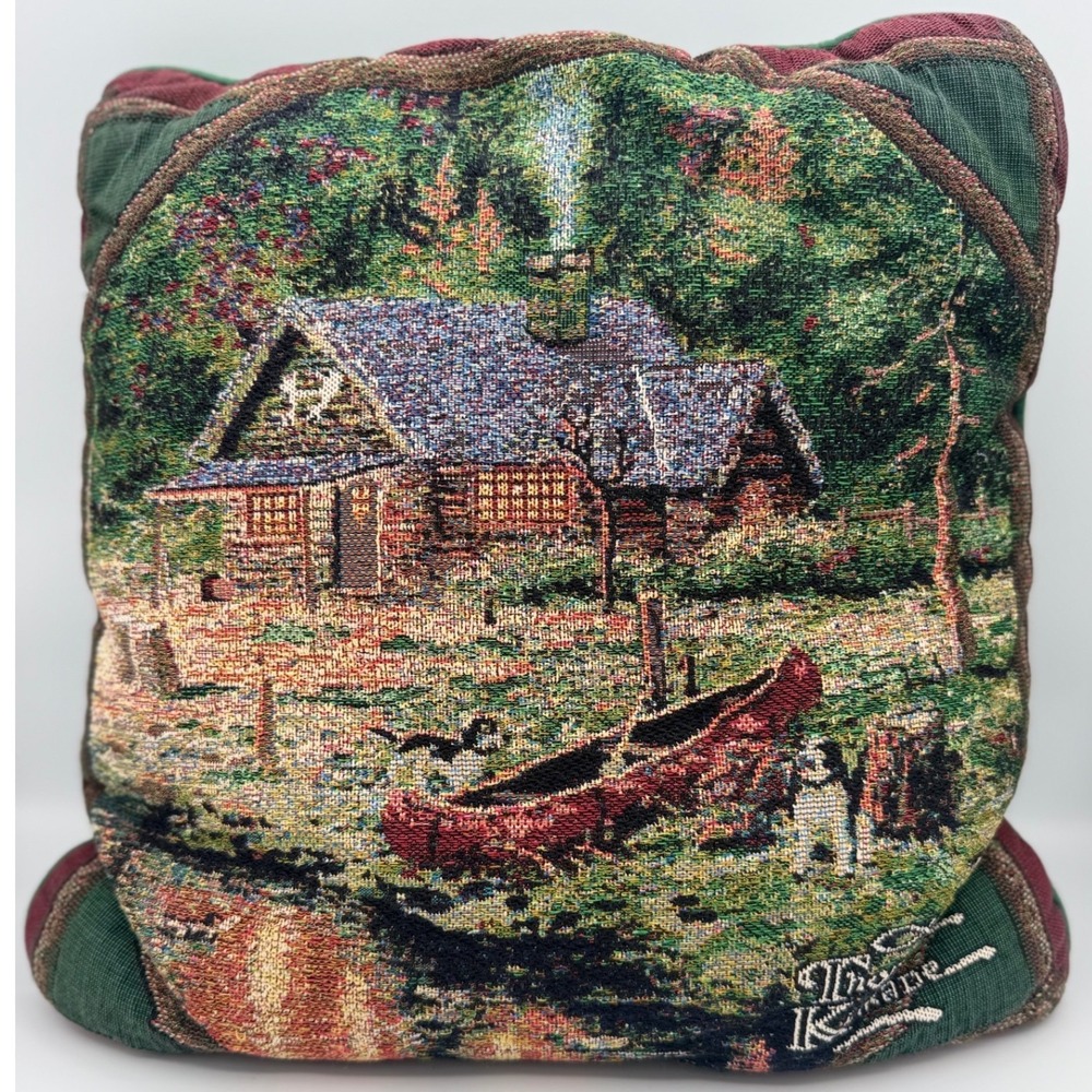 Vintage Thomas Kinkade Tapestry Pillow Cabin Lodge Scenic Decor Cottagecore